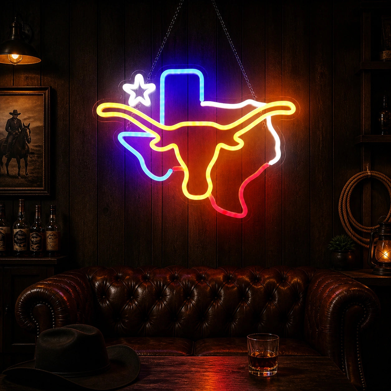 Texas Longhorn Lone Star Outline Vintage LED Neon Sign high-converting product image