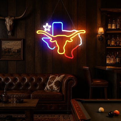 Texas Longhorn Lone Star Outline Vintage LED Neon Sign size image