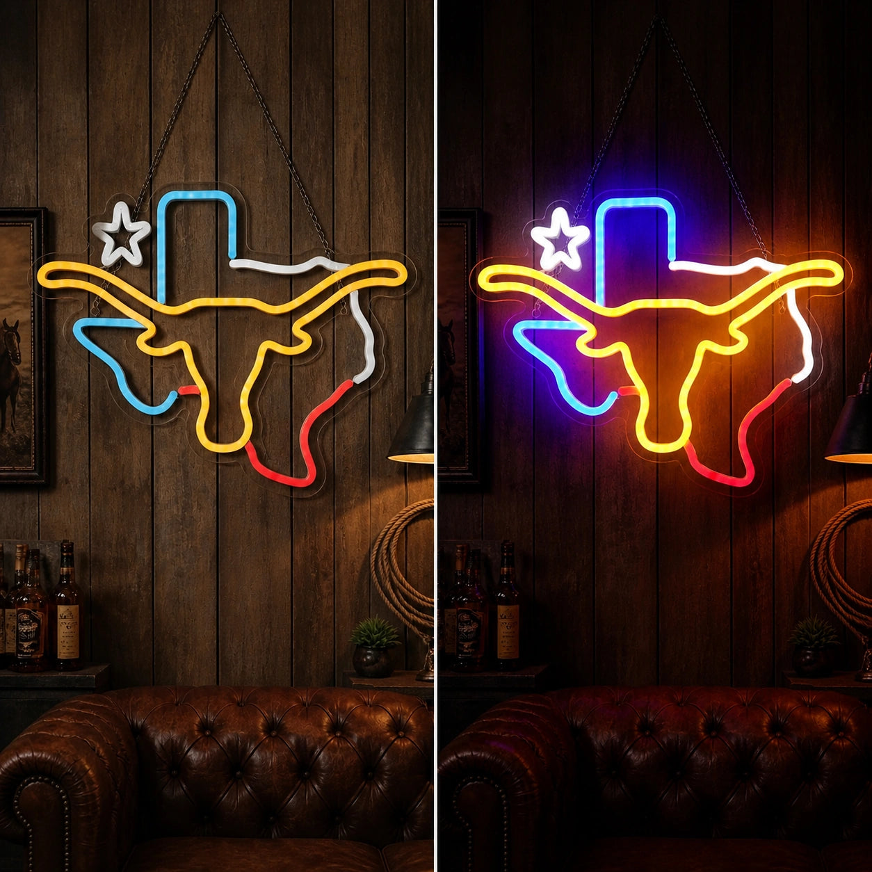 Texas Longhorn Lone Star Outline Vintage LED Neon Sign day and night comparison