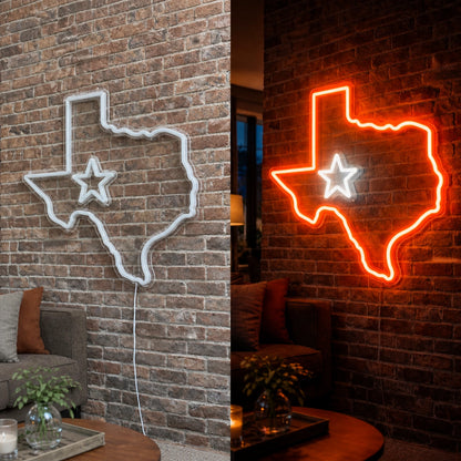 Texas Map Lone Star Vintage LED Neon Sign day and night comparison