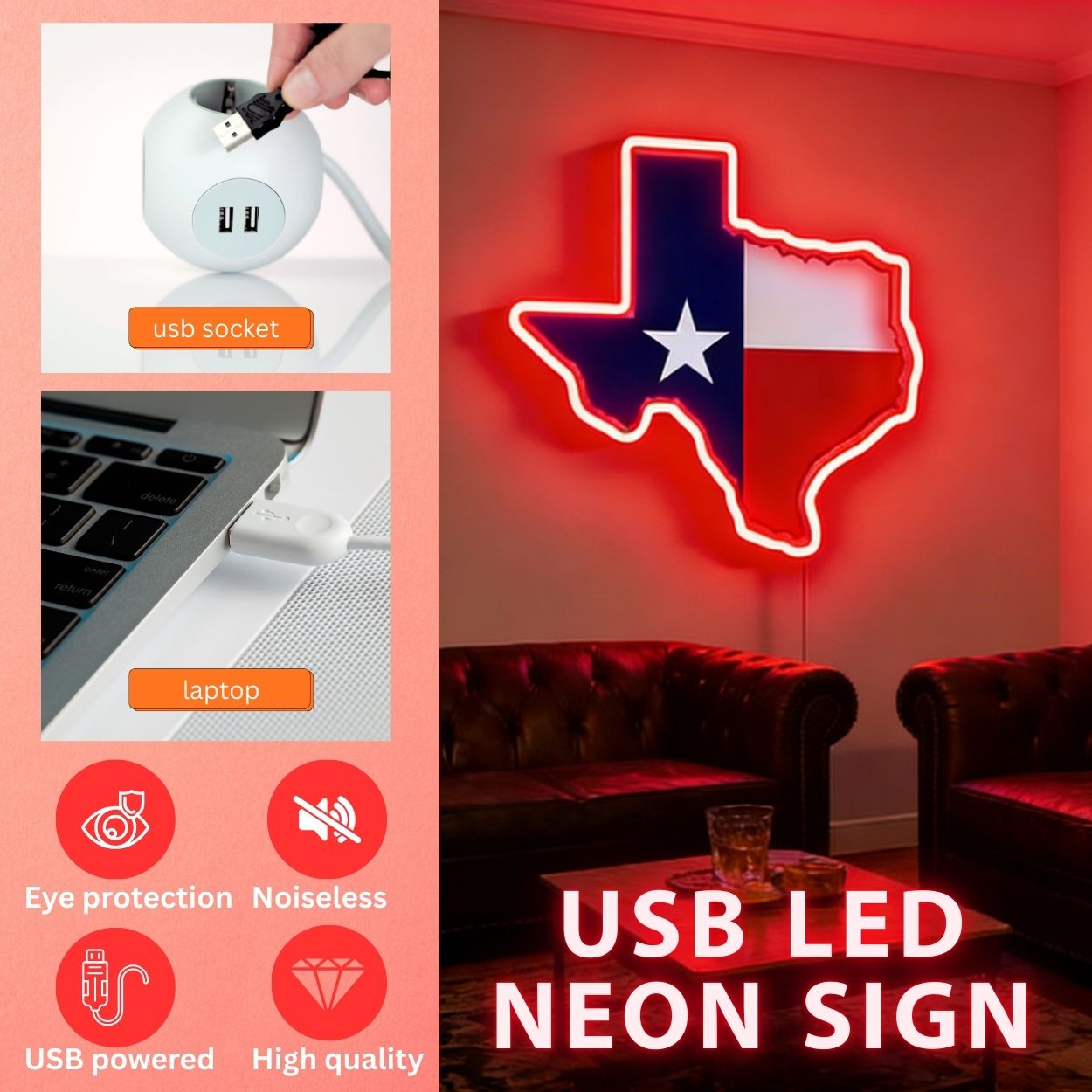 Texas LED USB Neon Signs Iconic Texas Wall Decor for Garages Man Cave