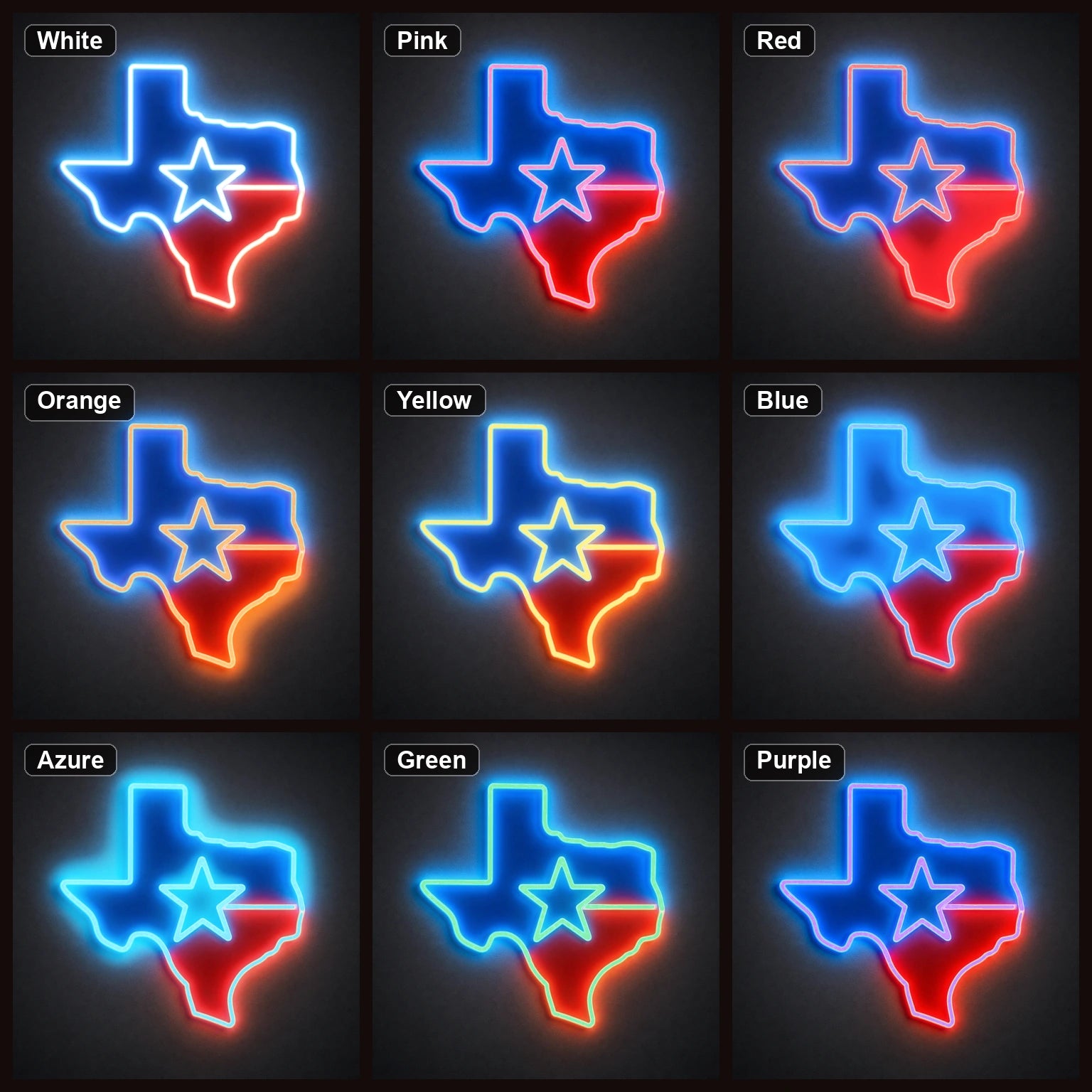 Texas Map Star LED Neon Sign color grid