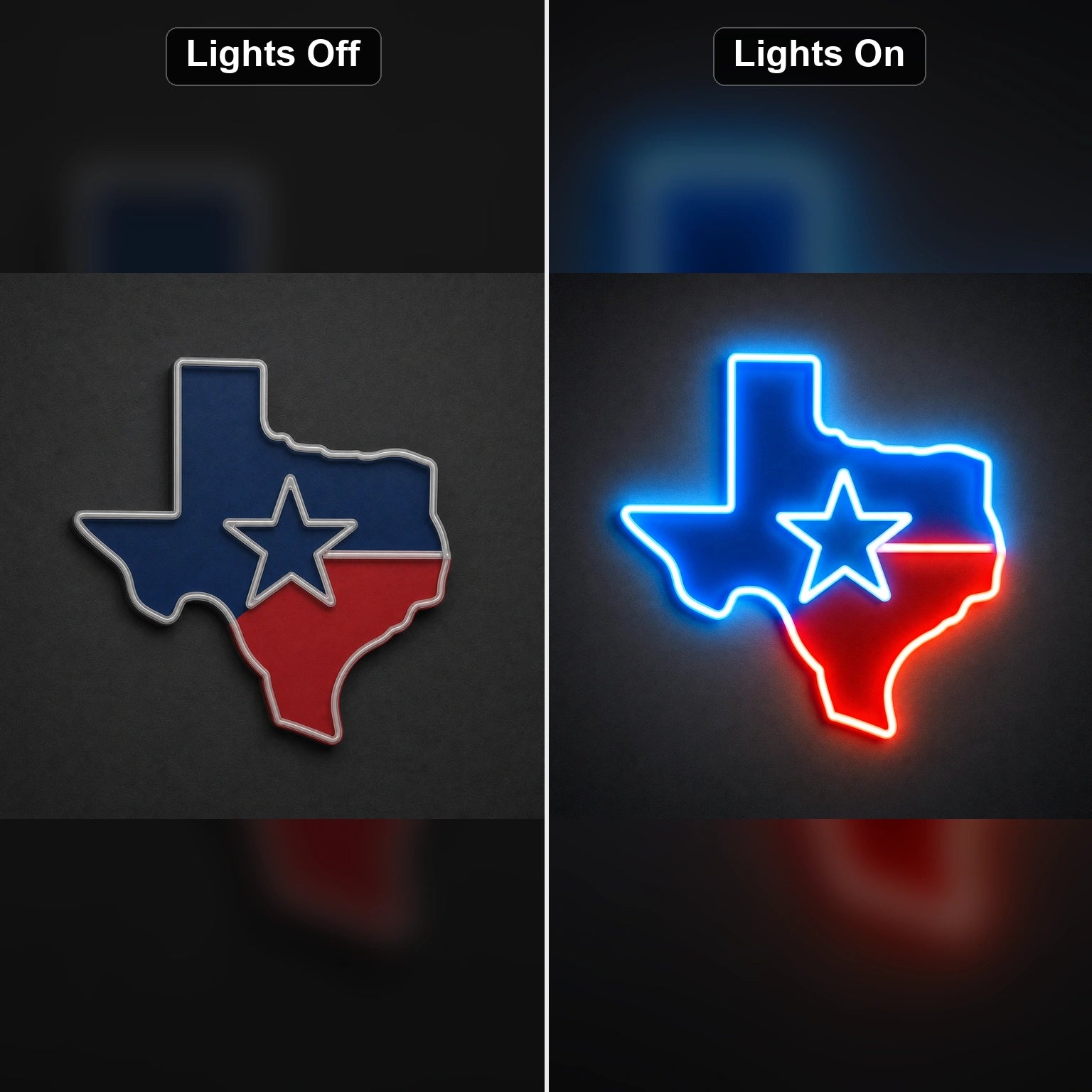 Texas Map Star LED Neon Sign day and night comparison