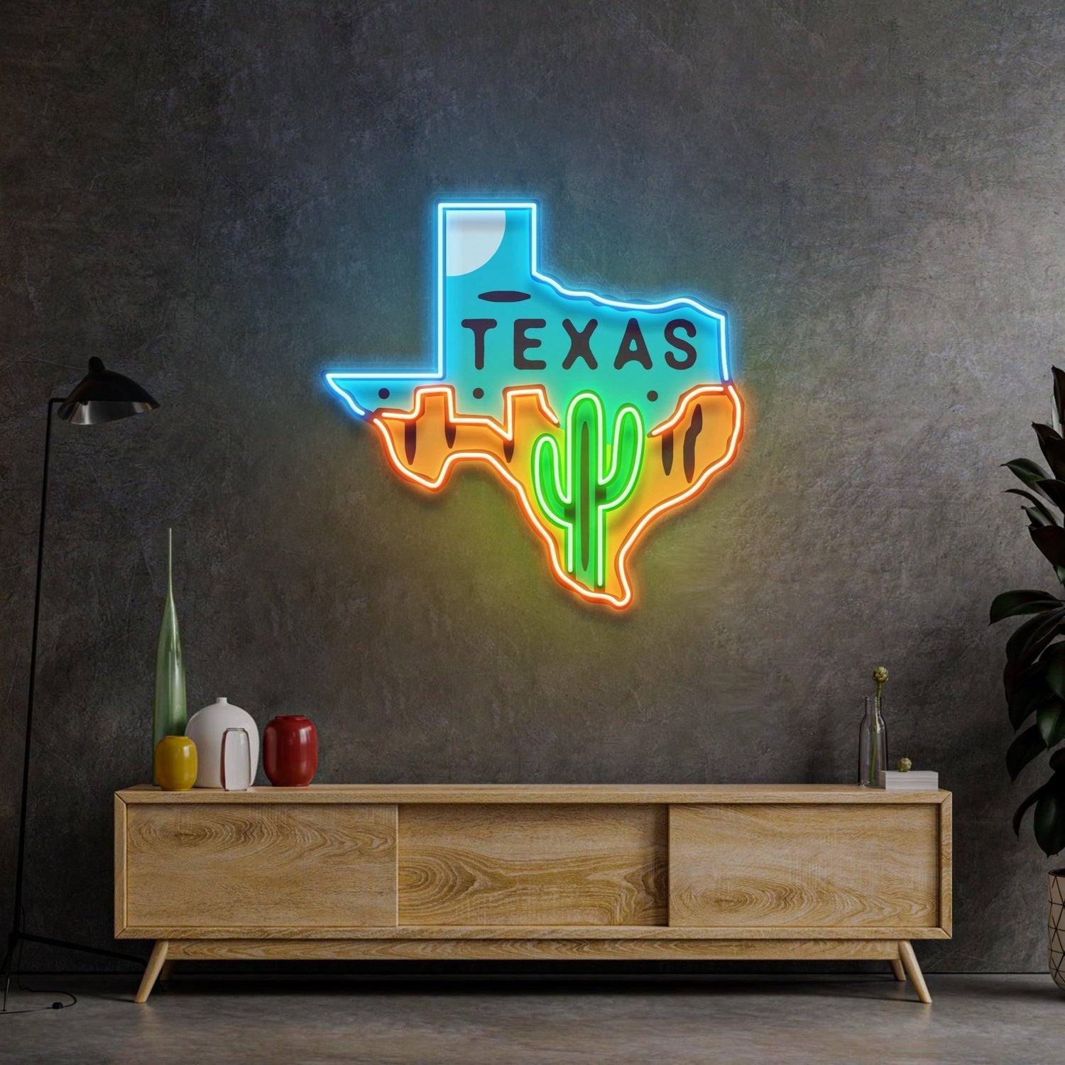 Texas Map Uv Printed Led Neon Sign Artwork With Cactus And Multicolor Lights | Shineneon