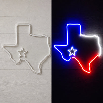 Texas Outline Flag Bands Vintage LED Neon Sign day and night comparison
