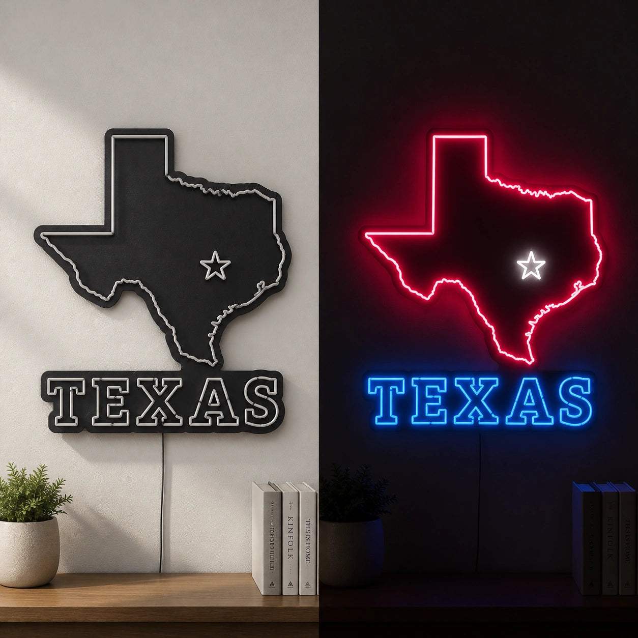 Texas State Map Star Vintage LED Neon Sign day and night comparison