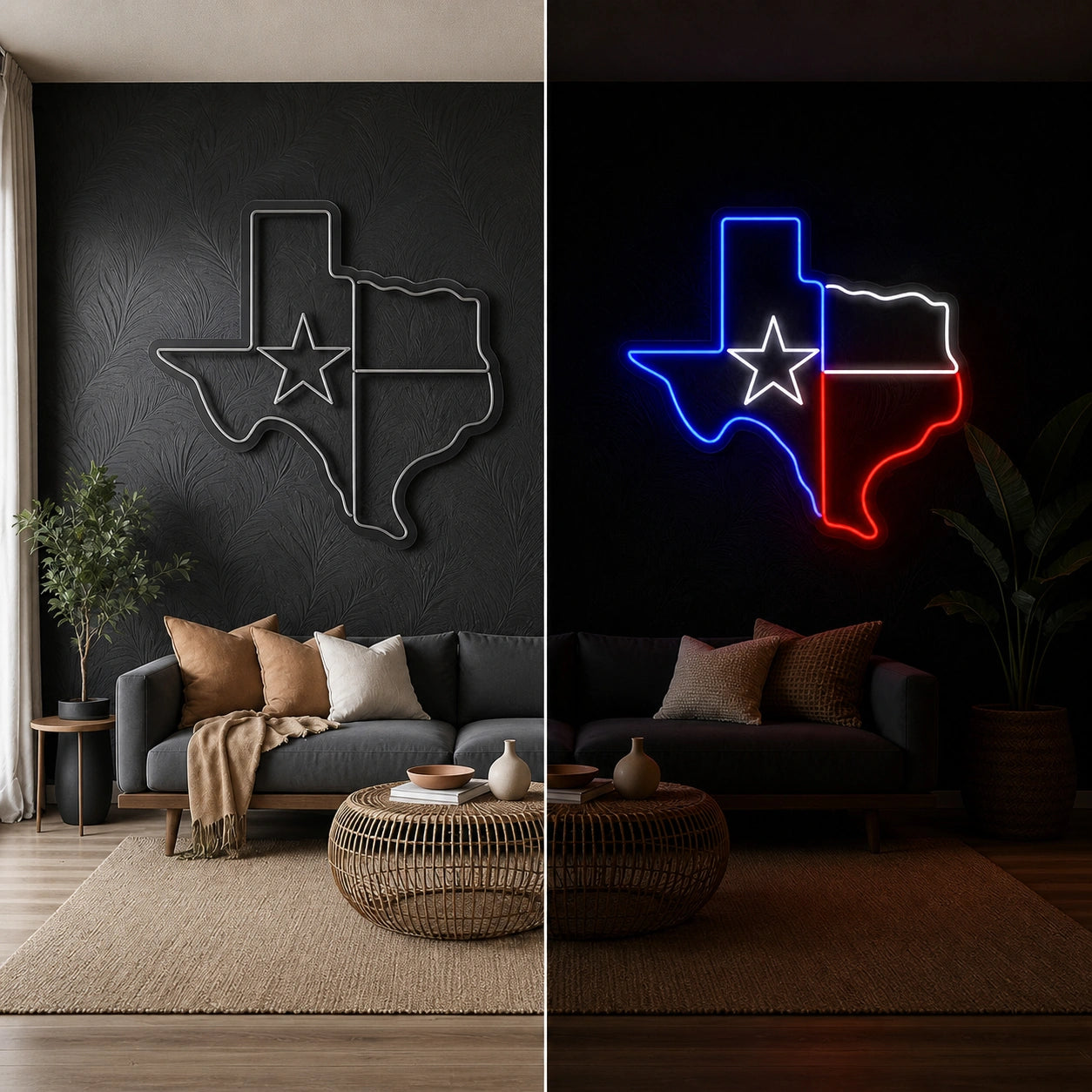 Texas State Outline Vintage LED Neon Sign day and night comparison