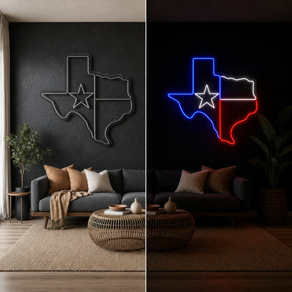 Texas State Outline Vintage LED Neon Sign day and night comparison