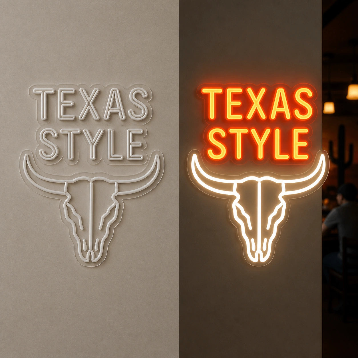 Texas Style Bull Skull Vintage LED Neon Sign day and night comparison