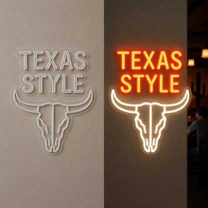 Texas Style Bull Skull Vintage LED Neon Sign day and night comparison