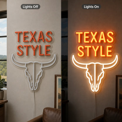 Texas Style Longhorn Skull Neon Sign LED Neon Sign day and night comparison
