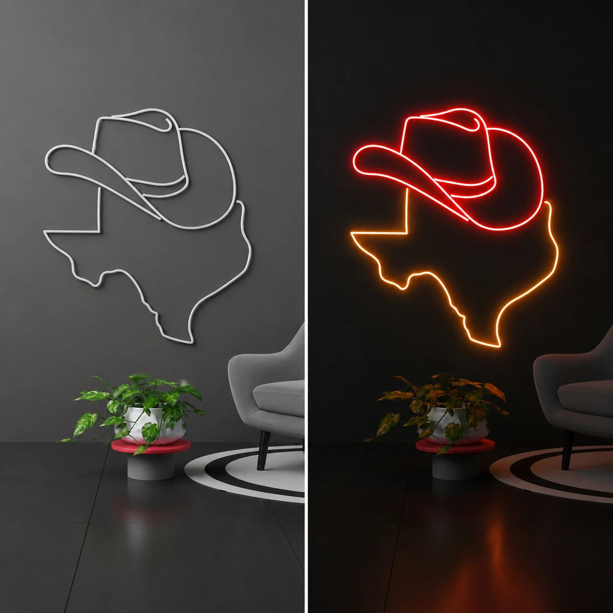 Texas Word Vintage LED Neon Sign day and night comparison