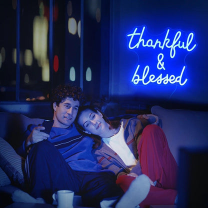 Thankful Blessed Light Blue Led Neon Sign Home Studio Cafe Decor - Shineneon