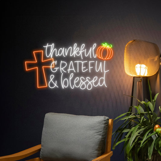 Thankful Grateful Blessed Pumpkin Jesus Cross Neon Sign