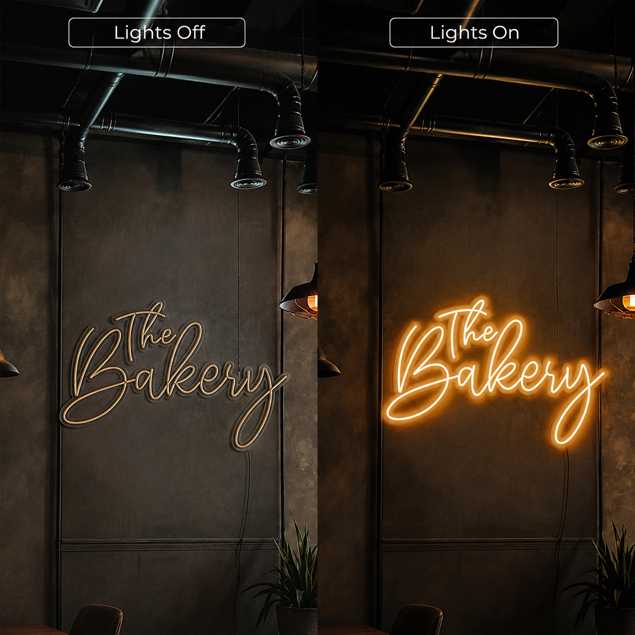 The Bakery LED Neon Sign - 06 Day Night Comparison