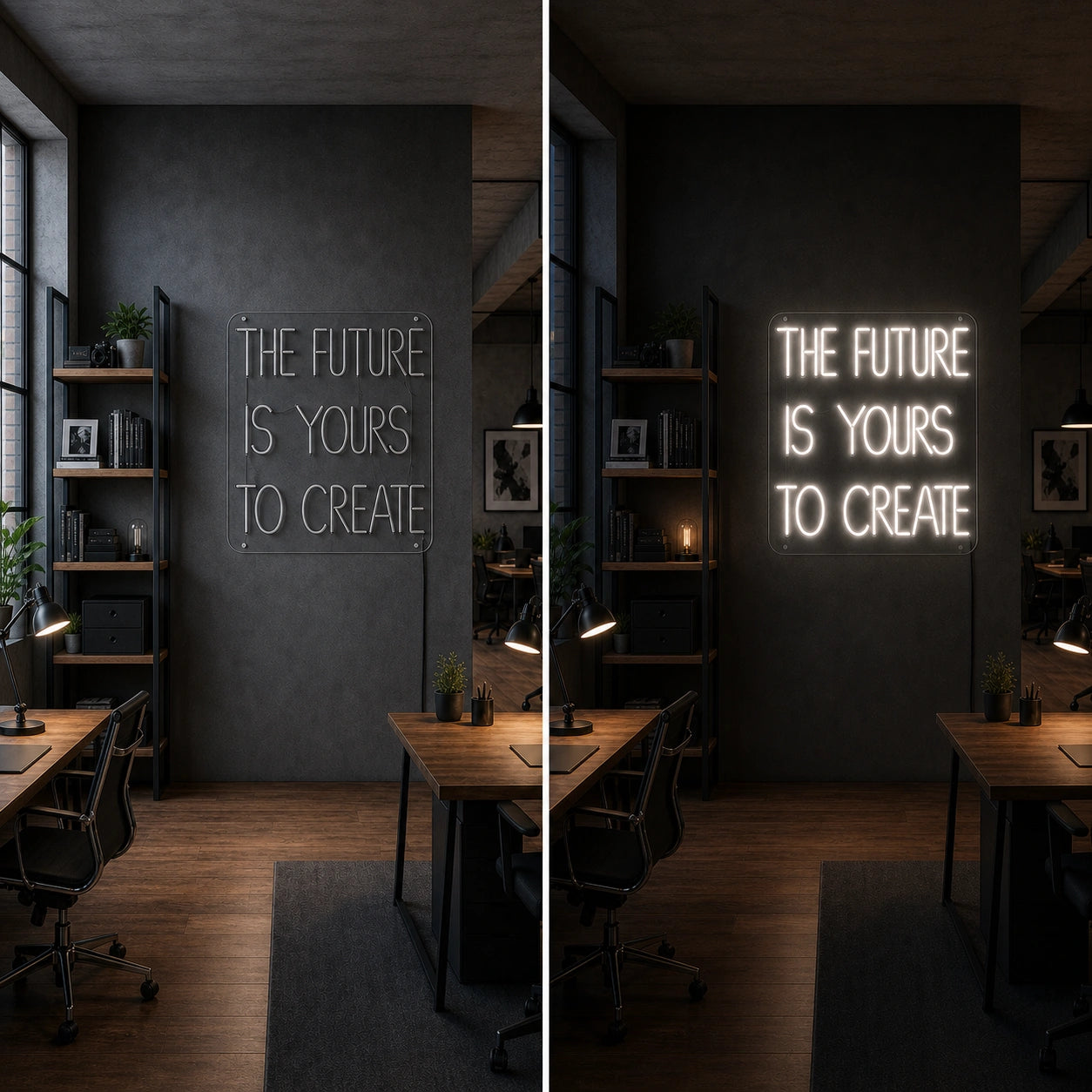 The Future Is Yours To Create LED Neon Sign Garage Man Cave Neon Sign day and night comparison