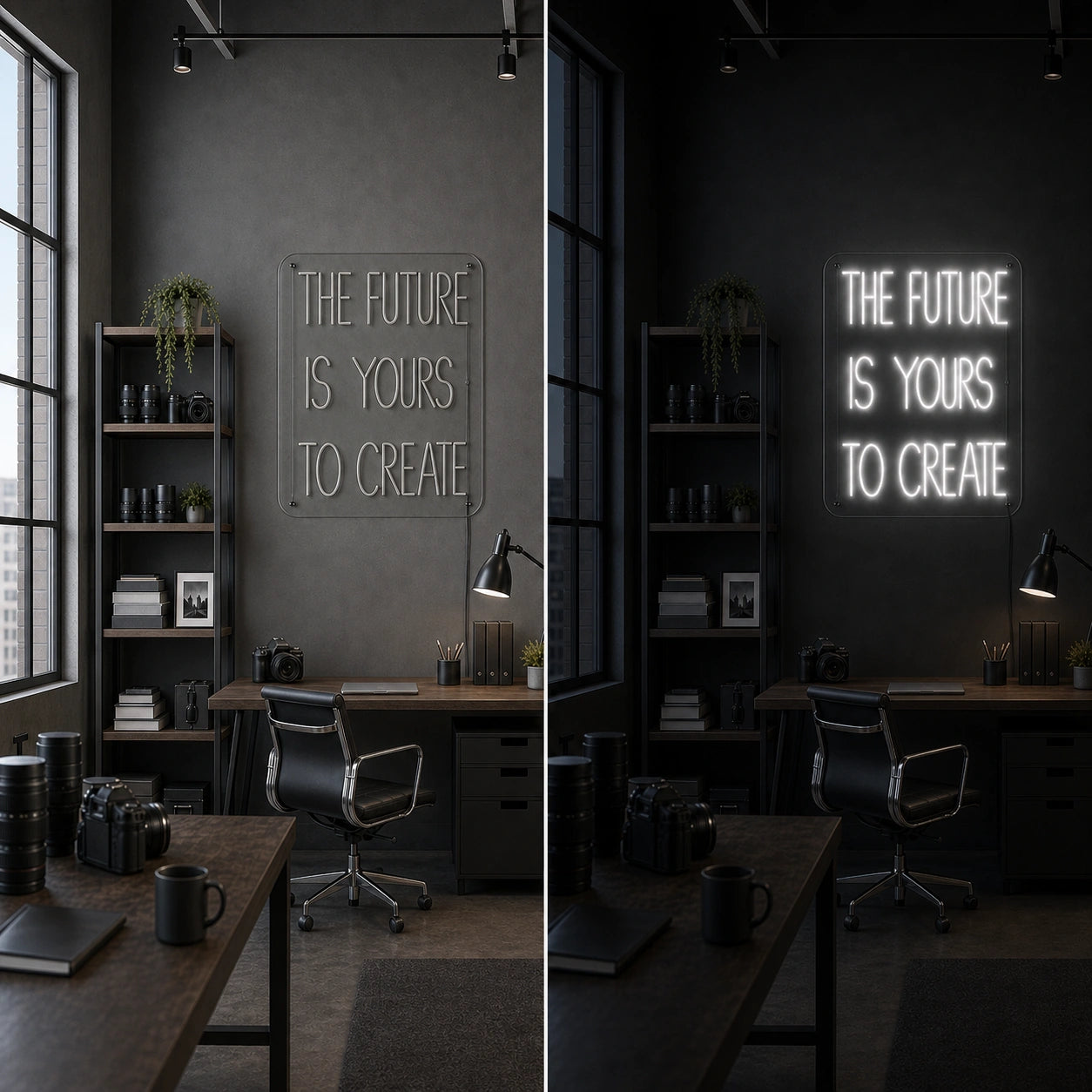 The Future Is Yours To Create Wall Decor LED Neon Sign day and night comparison