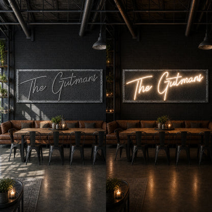 The Gutman S LED Neon Sign day and night comparison