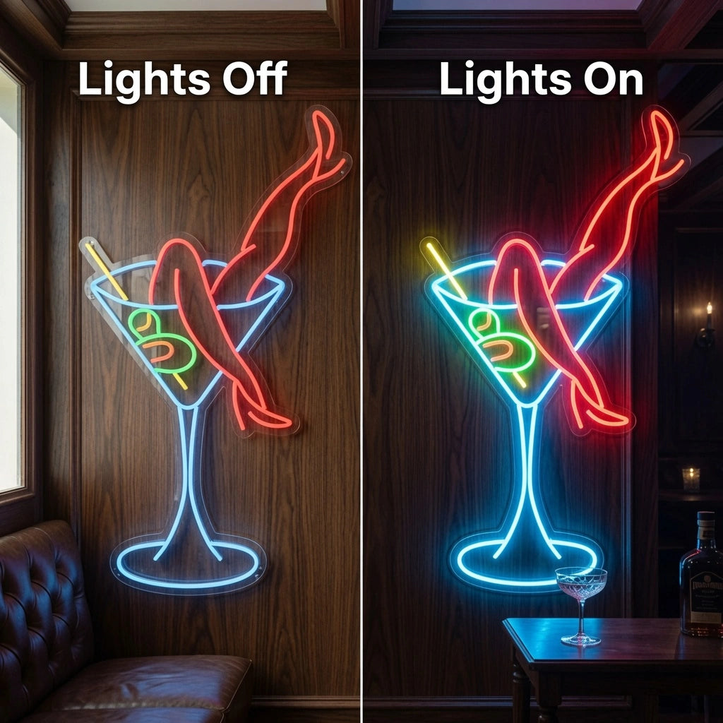 The Martini Legs Wall Decor LED Neon Sign - 06 Day Night Comparison
