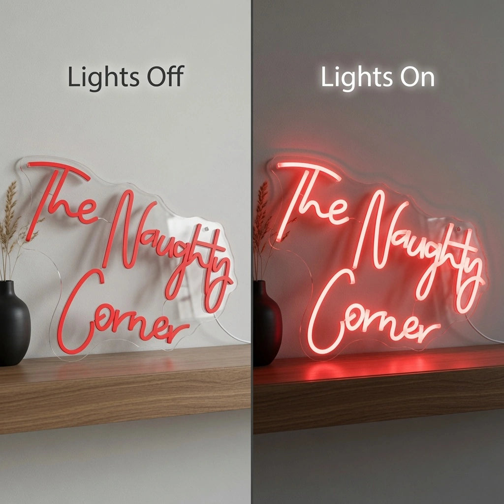 The Naughty Corner LED Neon Sign - 06 Day Night Comparison