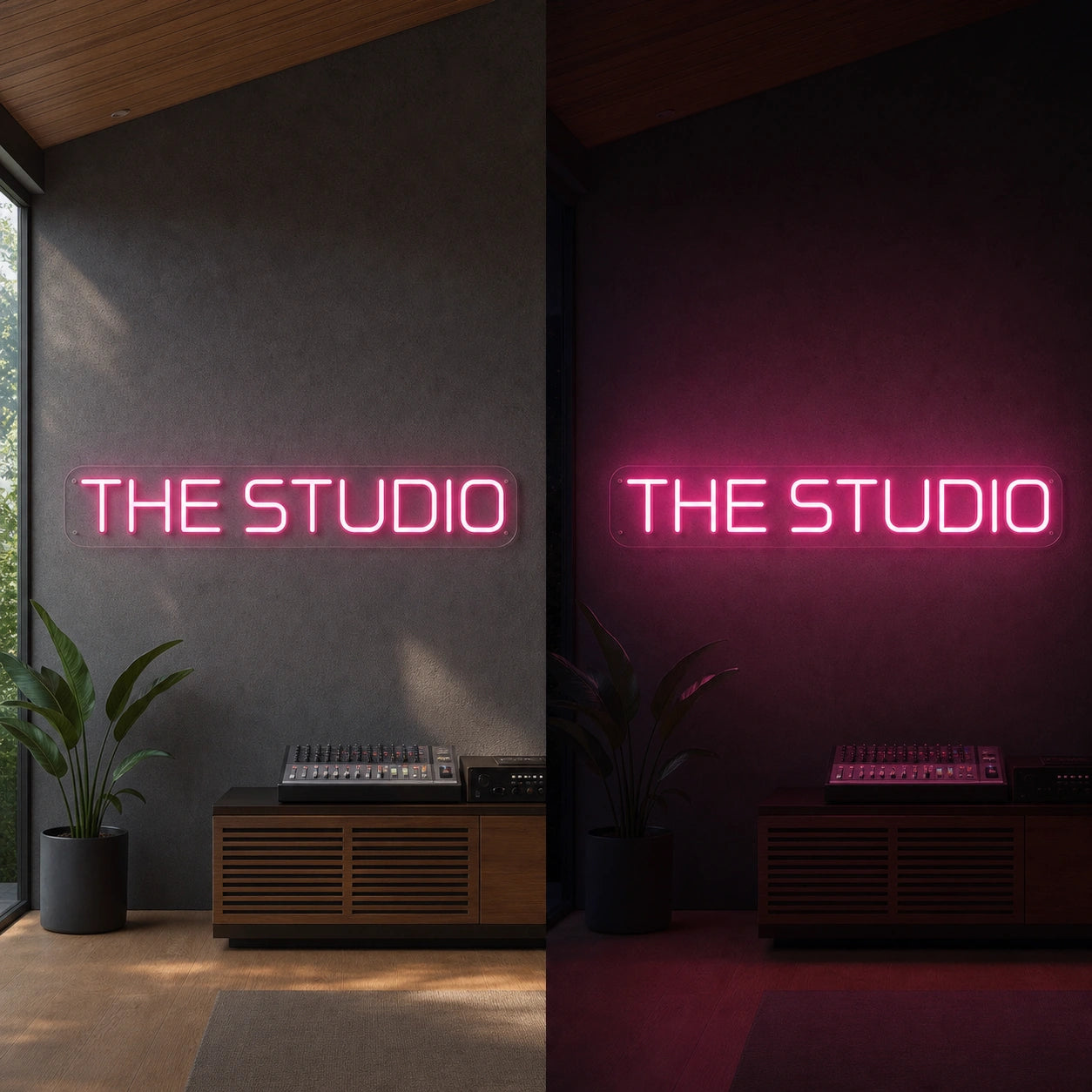 The Studio LED Neon Sign Garage Man Cave Neon Sign day and night comparison