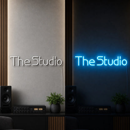 The Studio Wall Decor LED Neon Sign day and night comparison
