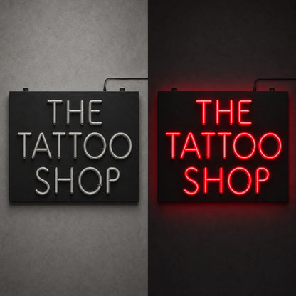 The Tattoo Shop LED Neon Sign day and night comparison