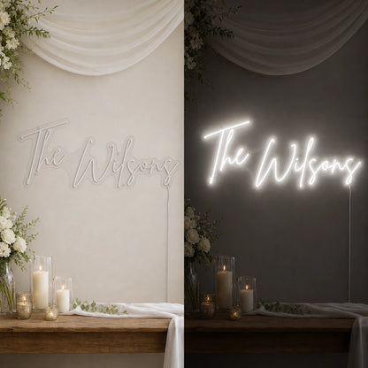 The Wilsons LED Neon Sign day and night comparison