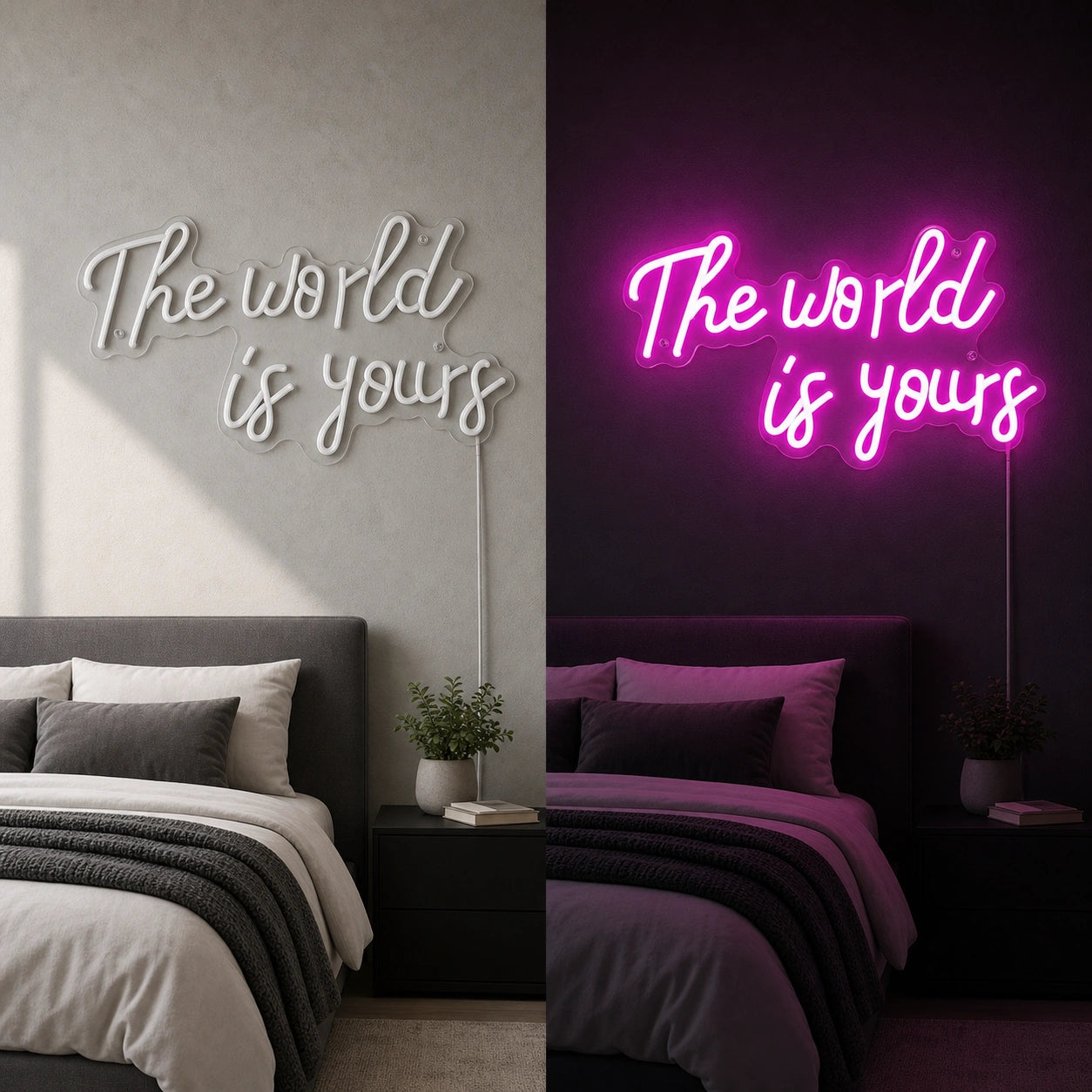 The World Is Yours Bedroom Decor LED Neon Sign day and night comparison