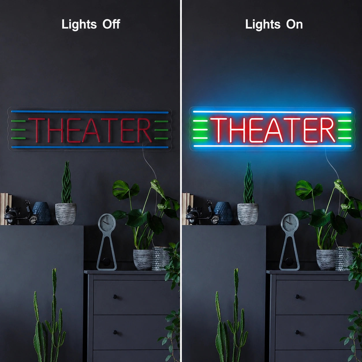 Theater Plant Wall Neon Sign LED Neon Sign day and night comparison