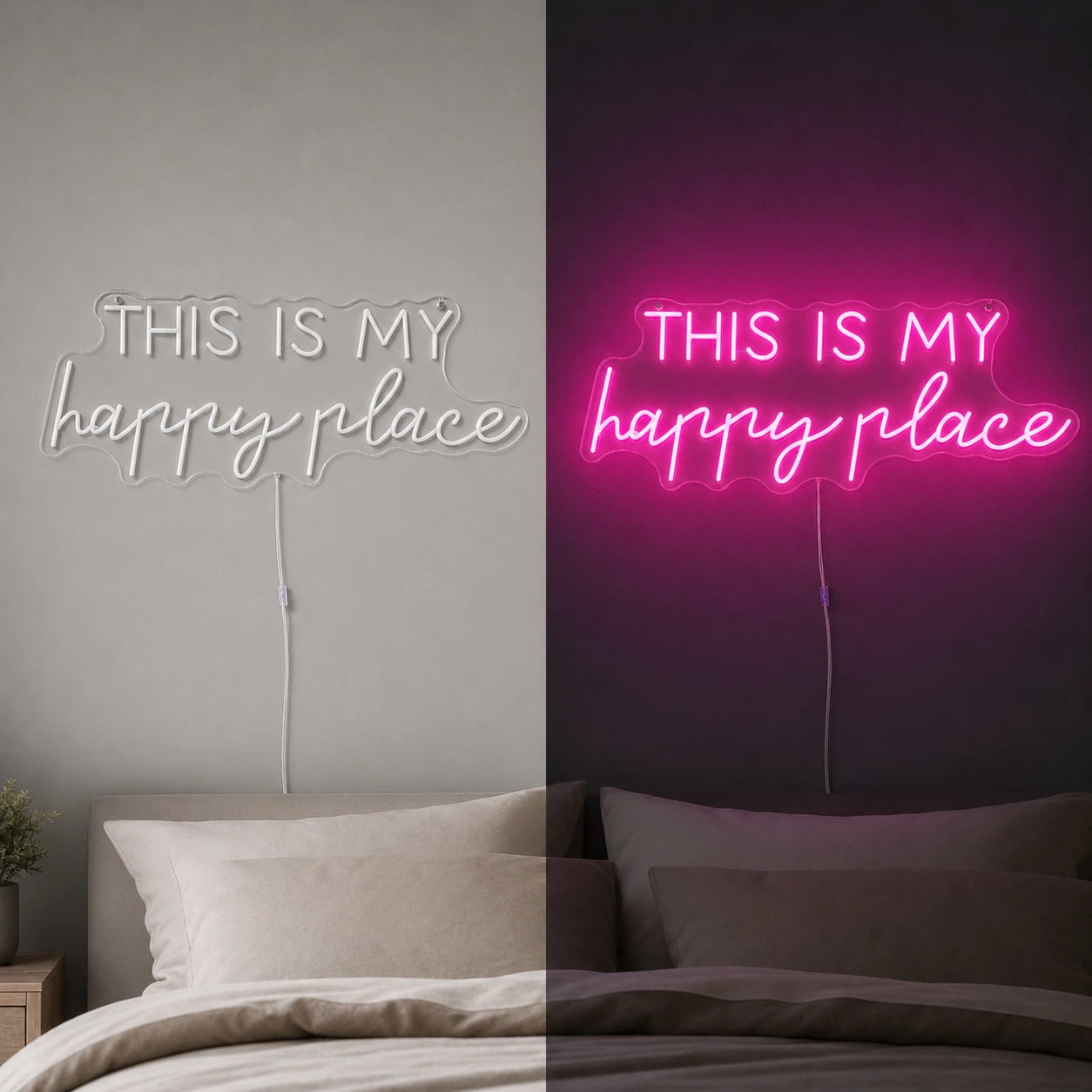 This Is My Happy Place Bedroom Decor LED Neon Sign day and night comparison