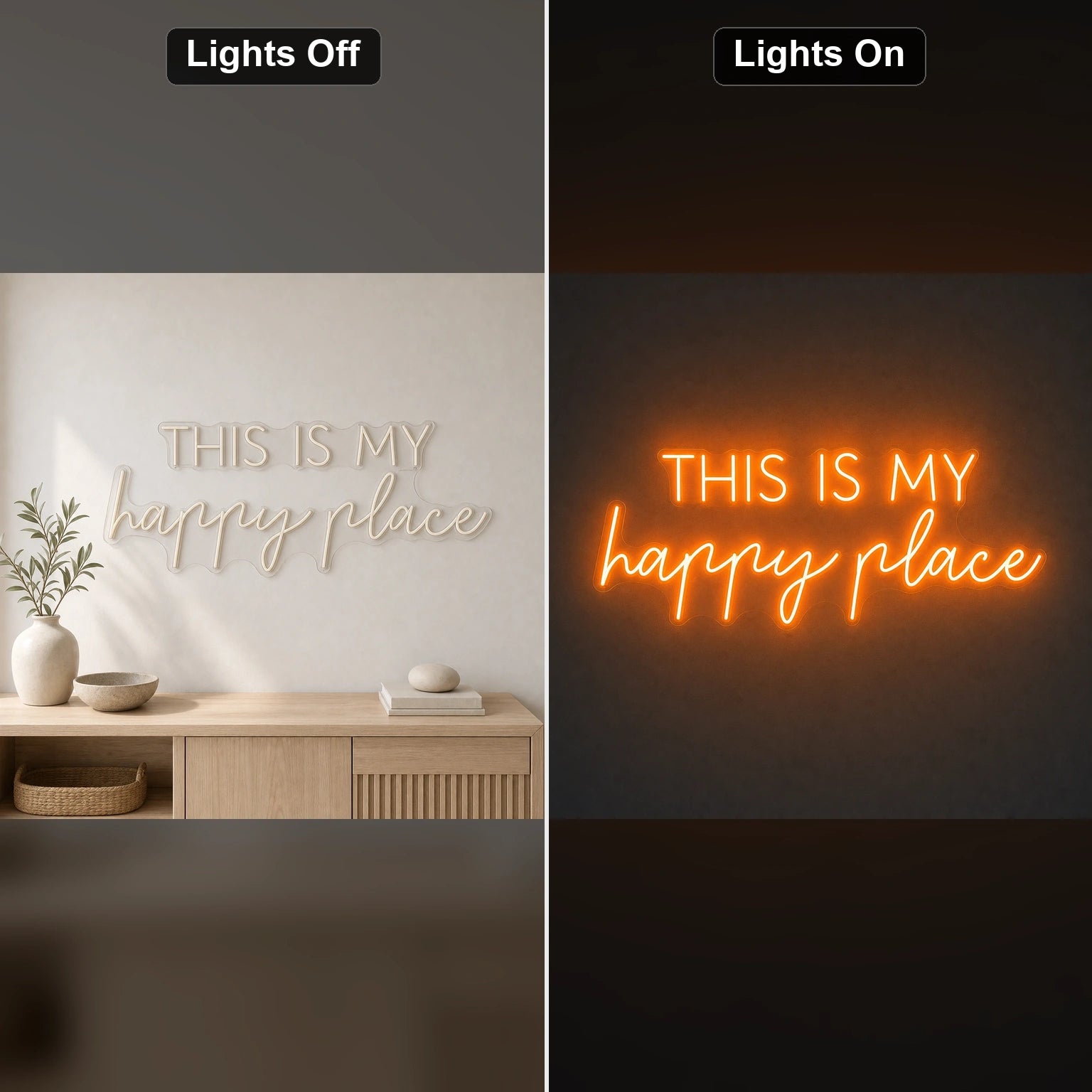 This Is My Happy Place Man Cave LED Neon Sign day and night comparison