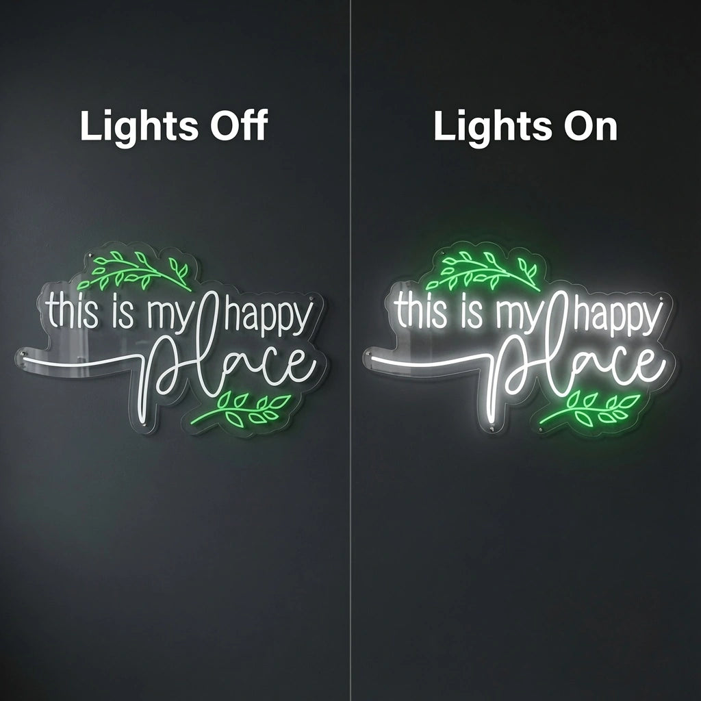 This Is My Happy Place Wall Art LED Neon Sign - 06 Day Night Comparison