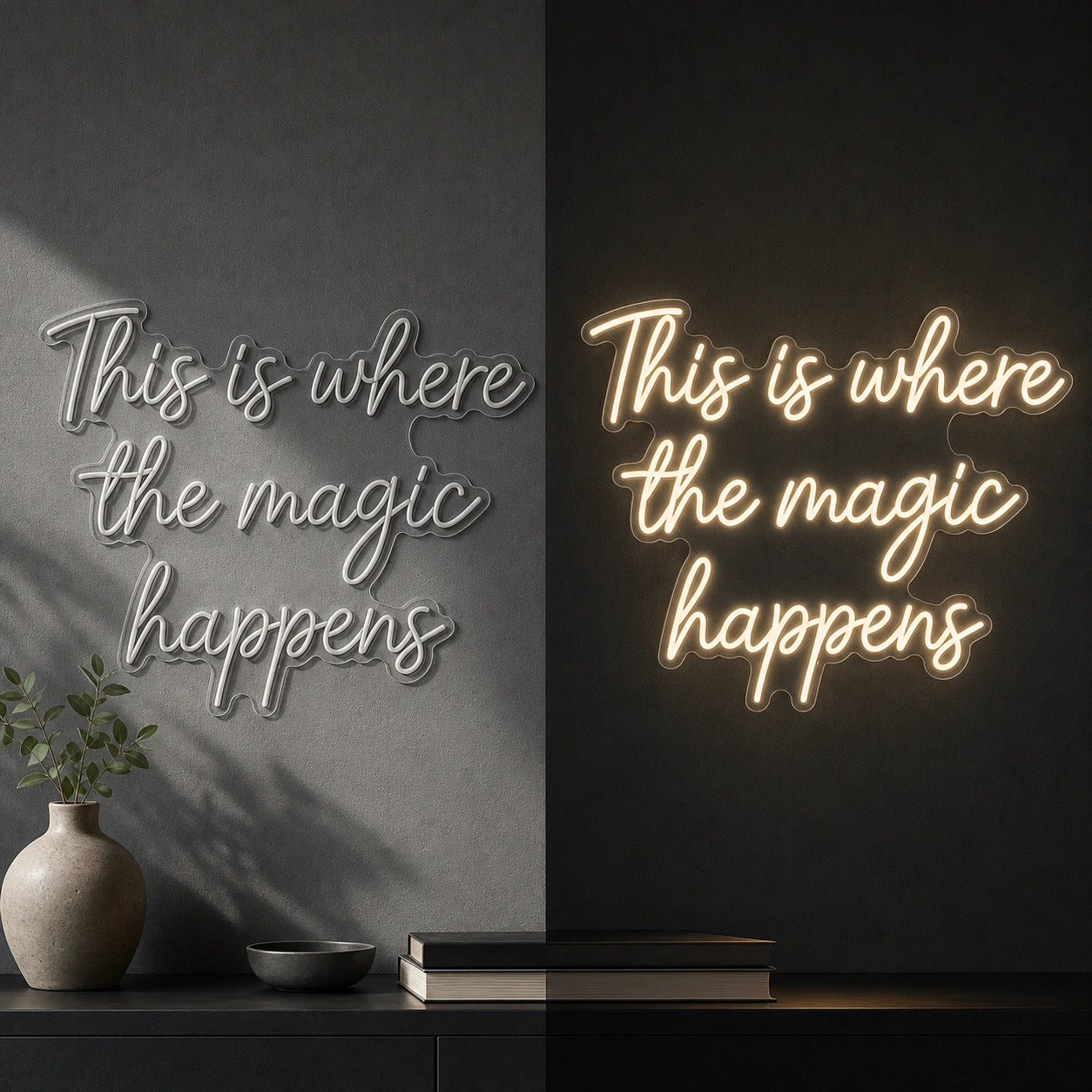 This Is Where The Magic Happens LED Neon Sign Garage Man Cave Neon Sign day and night comparison
