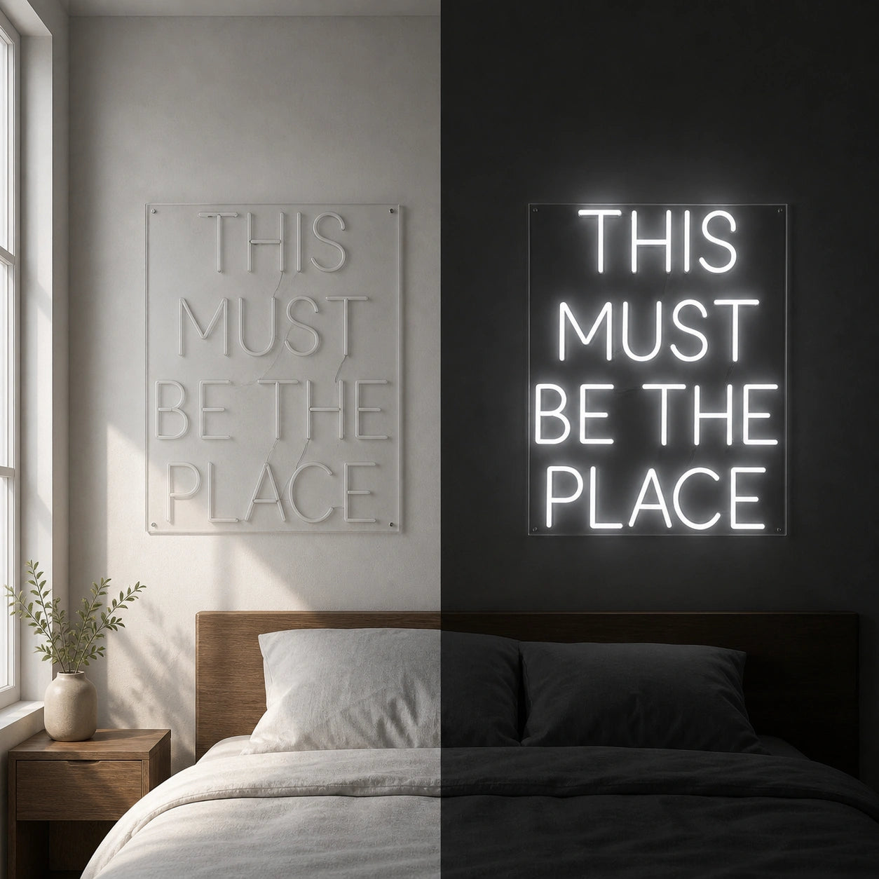 This Must Be The Place Bedroom Decor LED Neon Sign Garage Man Cave Neon Sign day and night comparison