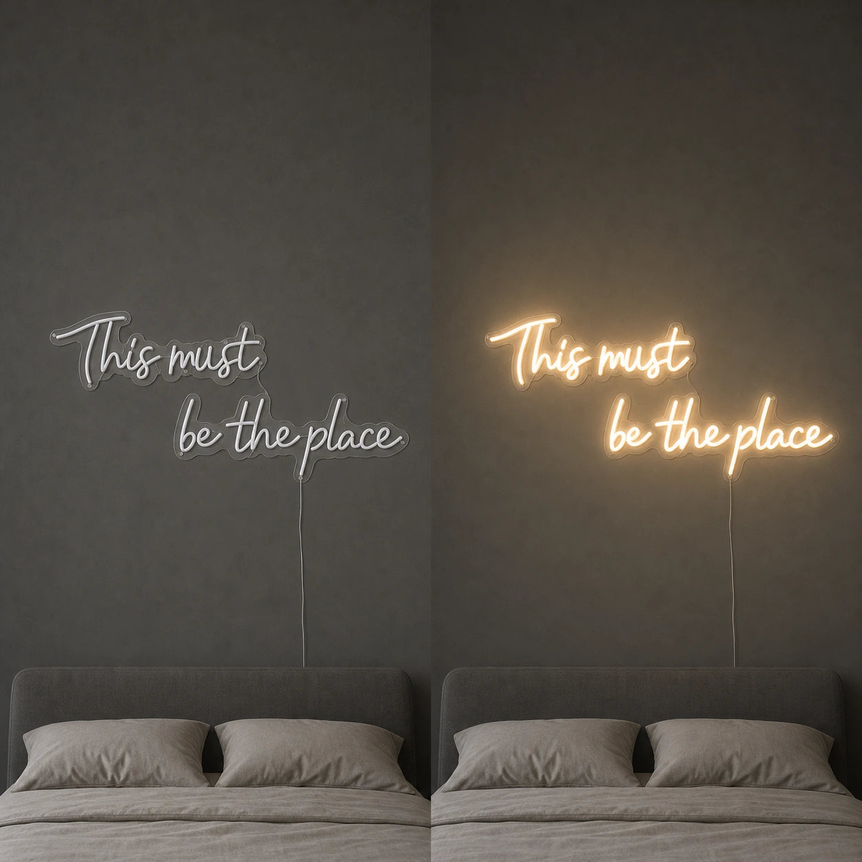 This Must Be The Place Wall Decor LED Neon Sign day and night comparison