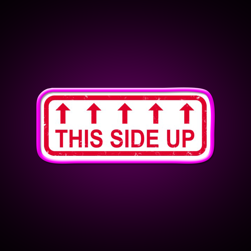 This Side Up Warning Label Stamp Beer Bar Decor Led Neon Sign Rgb Color - Neon sign mounted on wall in room