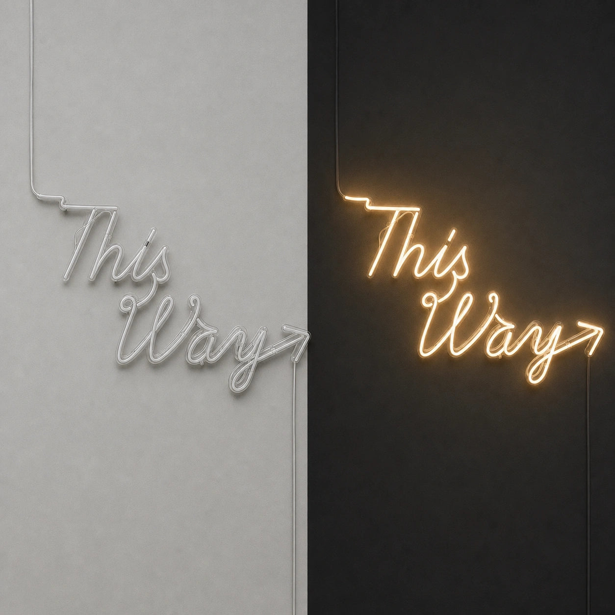 This Way LED Neon Sign day and night comparison