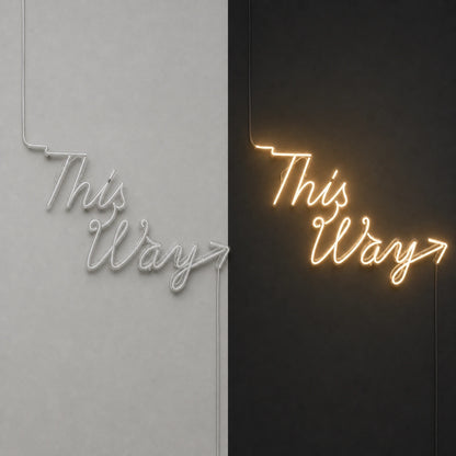 This Way LED Neon Sign day and night comparison