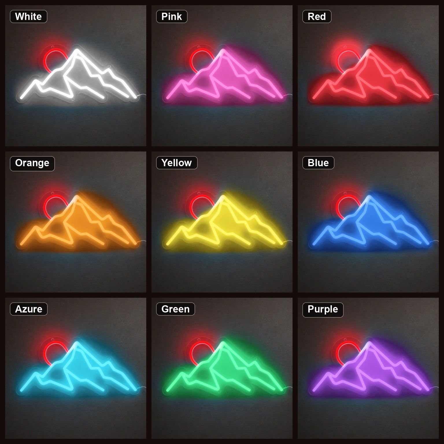 Three Mountain Peaks And Half Sun LED Neon Sign color grid