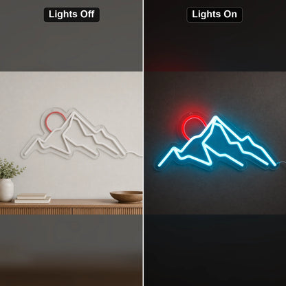 Three Mountain Peaks And Half Sun LED Neon Sign day and night comparison