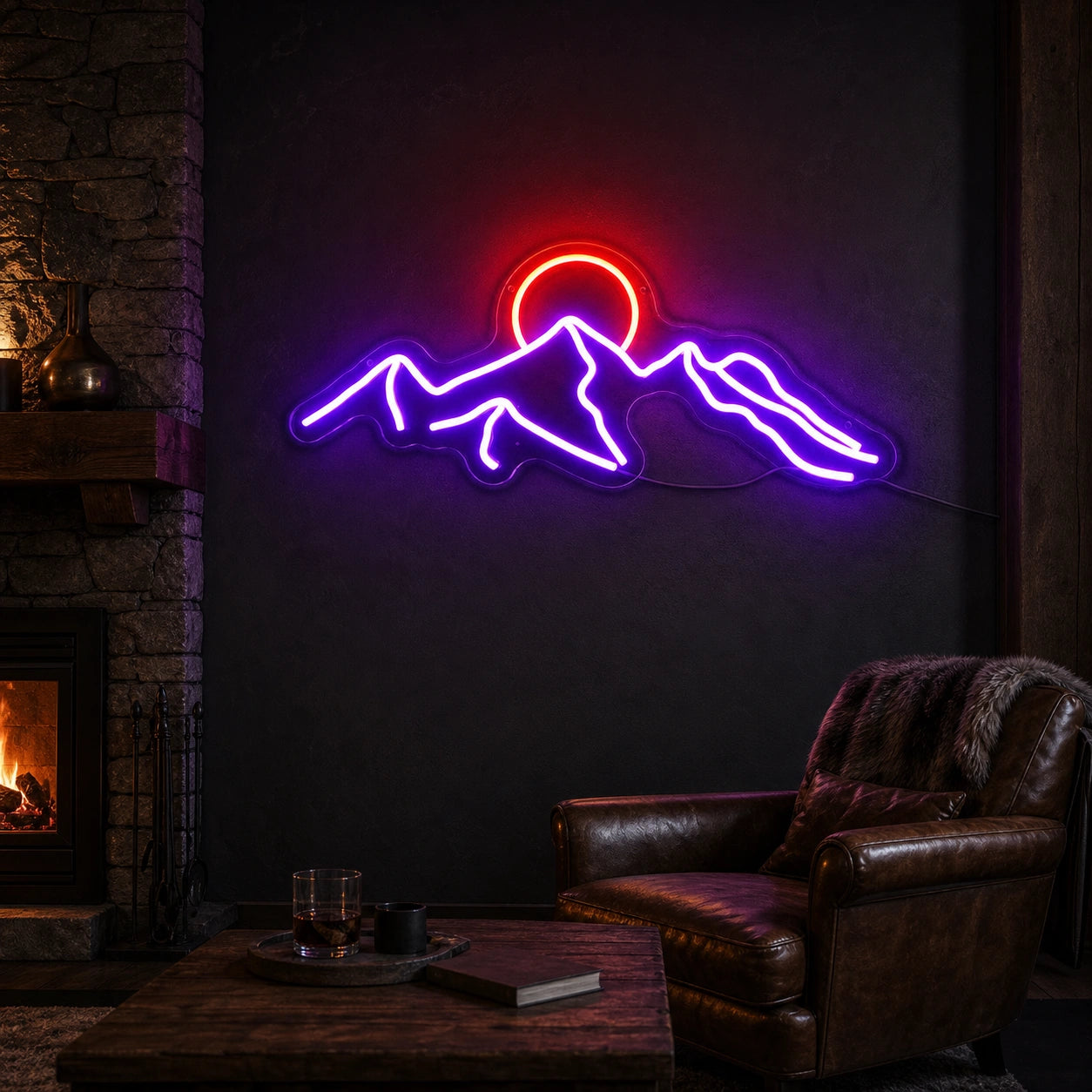 Three Mountain Peaks With Round Sun LED Neon Sign high-converting product image
