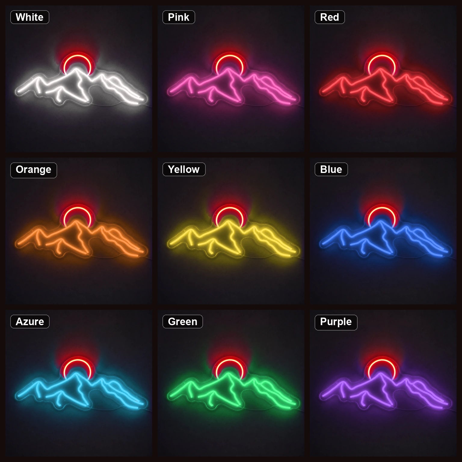Three Mountain Peaks With Round Sun LED Neon Sign color grid