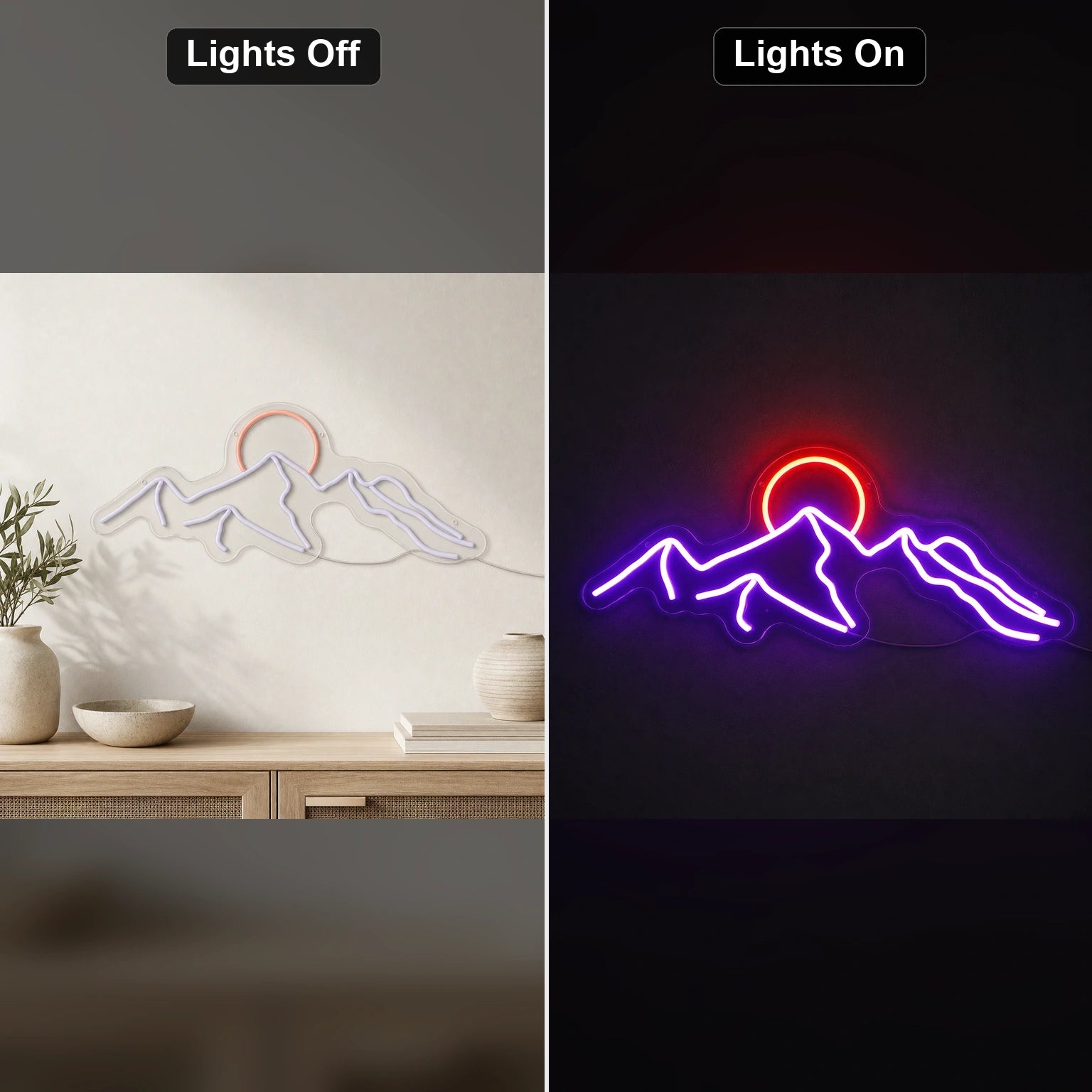Three Mountain Peaks With Round Sun LED Neon Sign day and night comparison