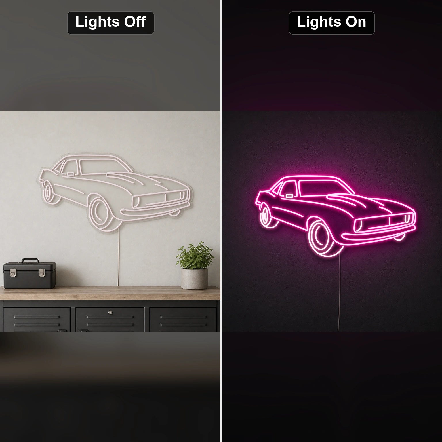 Three Quarter Muscle Car LED Neon Sign day and night comparison