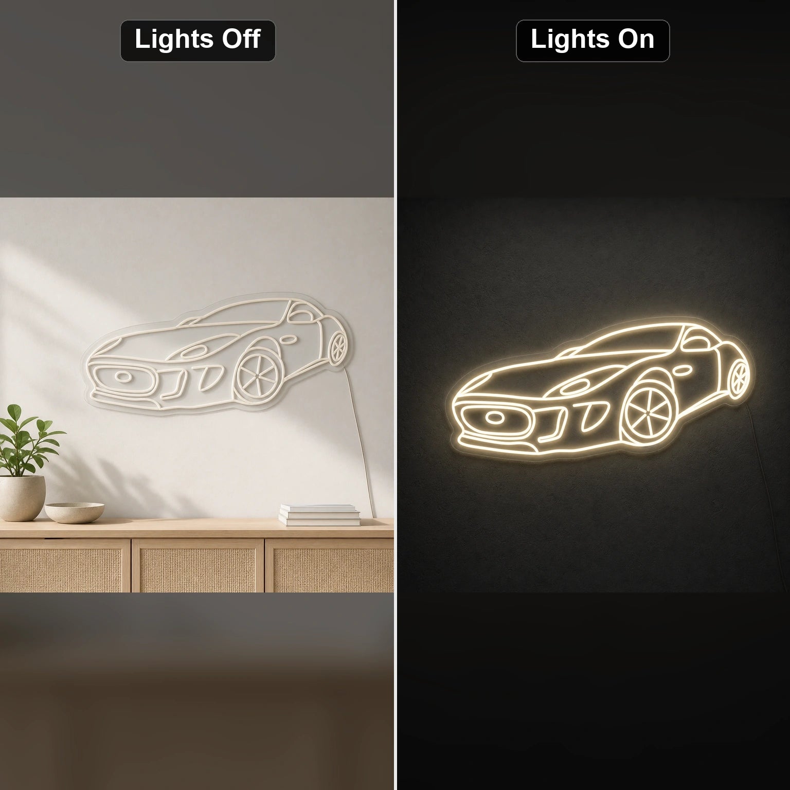 Three Quarter Sports Car LED Neon Sign day and night comparison
