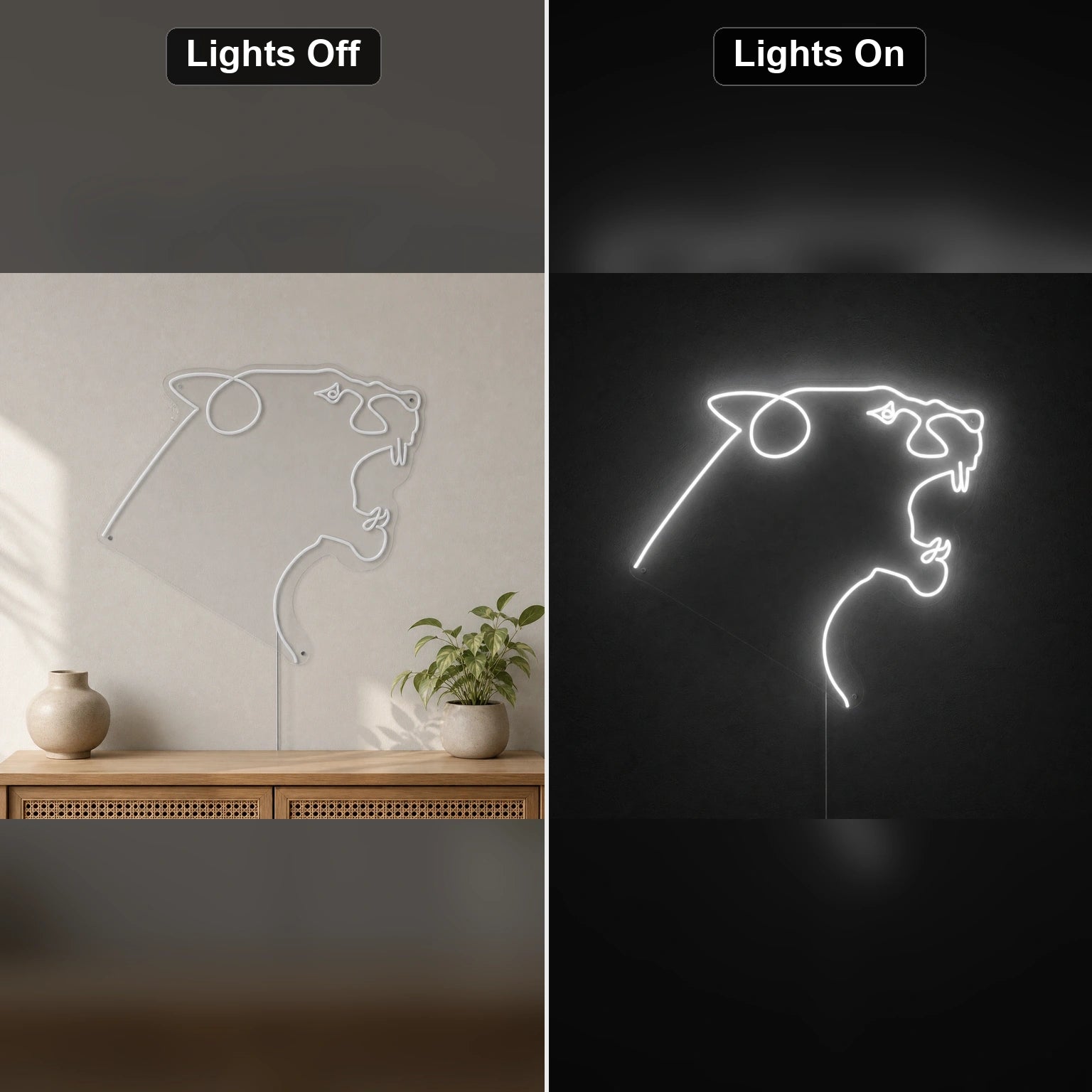 Tiger Head LED Neon Sign day and night comparison