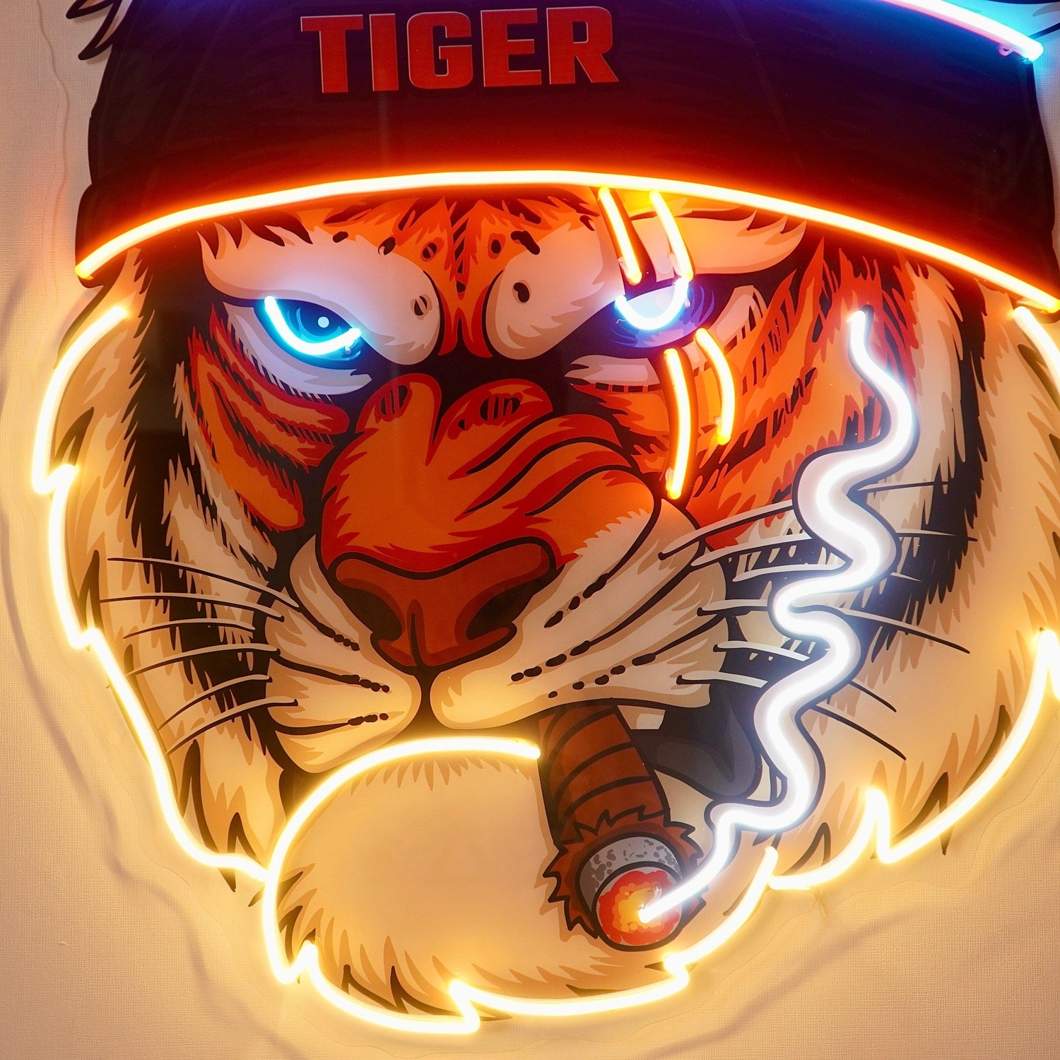 Tiger Smoking Blue-Orange-White Uv Printed Led Neon Sign For Bar Lounge Decor | Shineneon