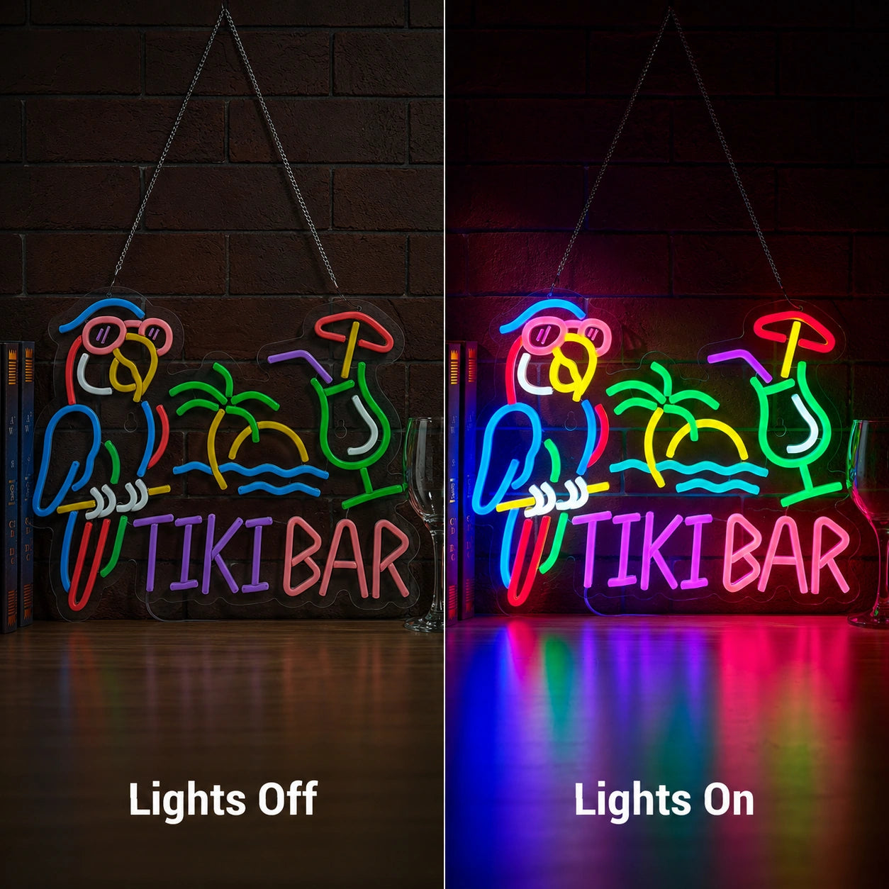 Tiki Bar Parrot Neon Sign LED Neon Sign day and night comparison