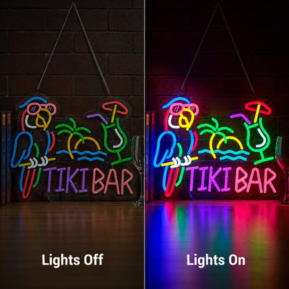Tiki Bar Parrot Neon Sign LED Neon Sign day and night comparison